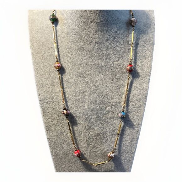 VIT Murano Venetian Wedding Cake Glass Bead Necklace Textured Gold Tone Links - Picture 2 of 12